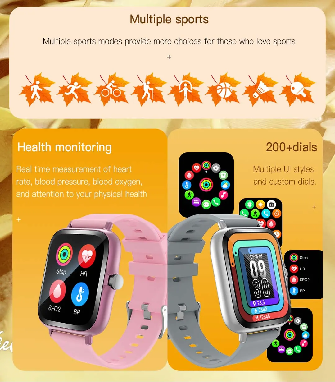 MYRYDER H13 infographic for multiple sports modes, real-time heart rate, blood pressure and blood oxygen measurement, and 200+ dials