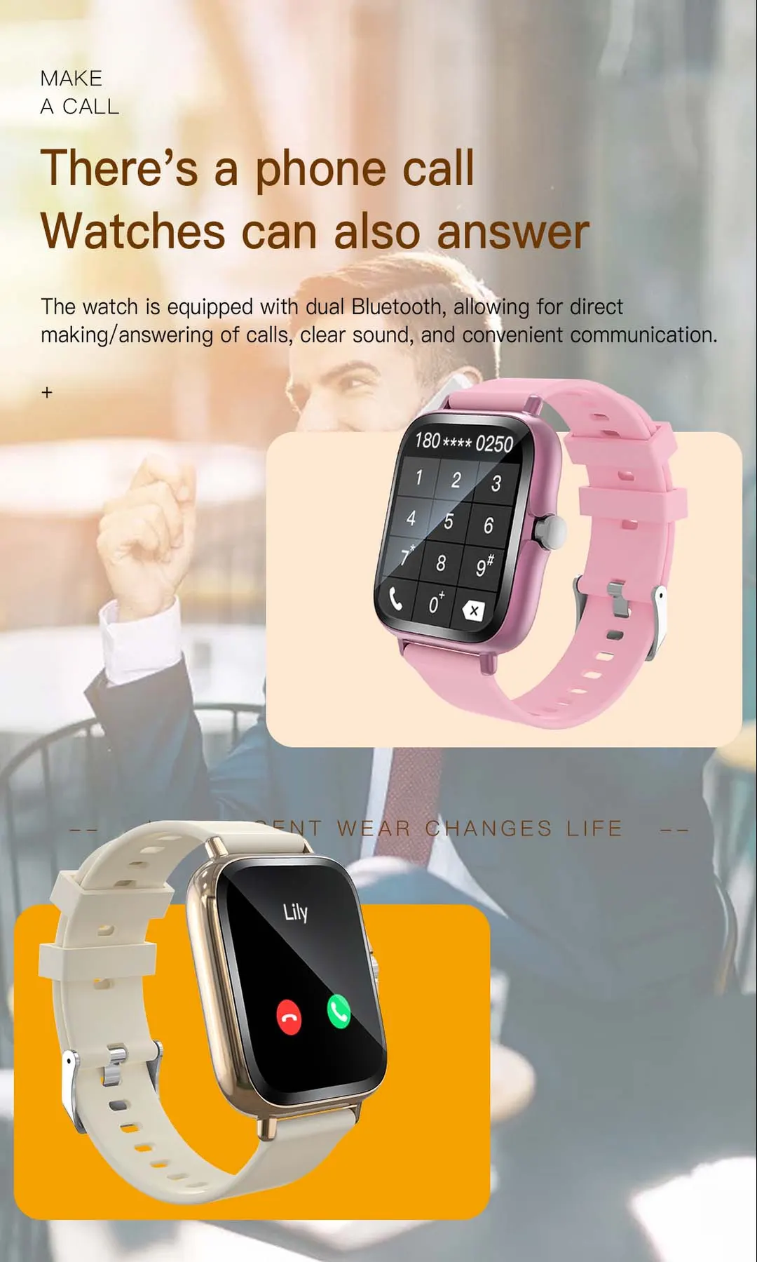 MYRYDER H13 infographic for direct Bluetooth calling — a dialpad and an incoming call answered from the watch