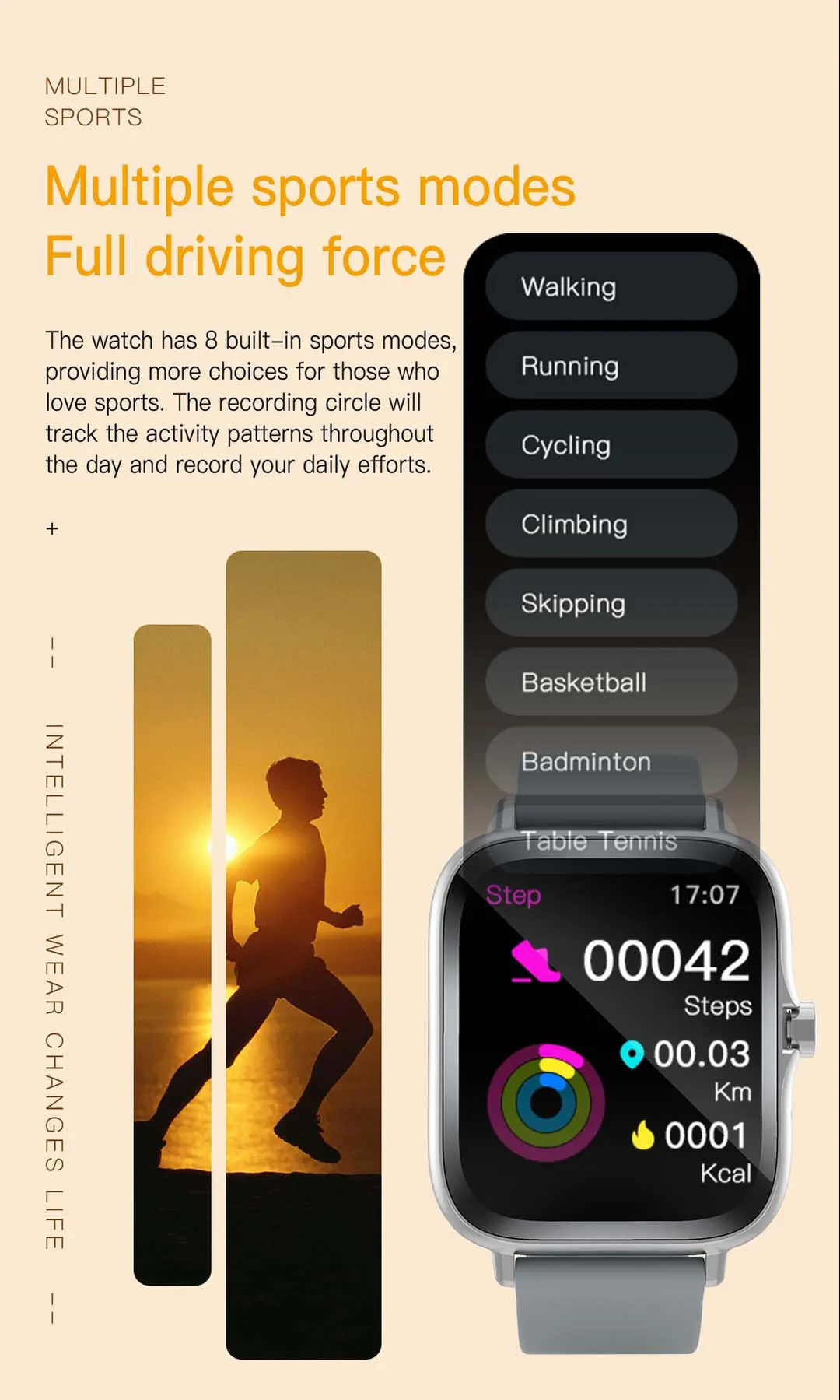 MYRYDER H13 infographic for the 8 built-in sports modes: walking, running, cycling, climbing, skipping, basketball, badminton and table tennis