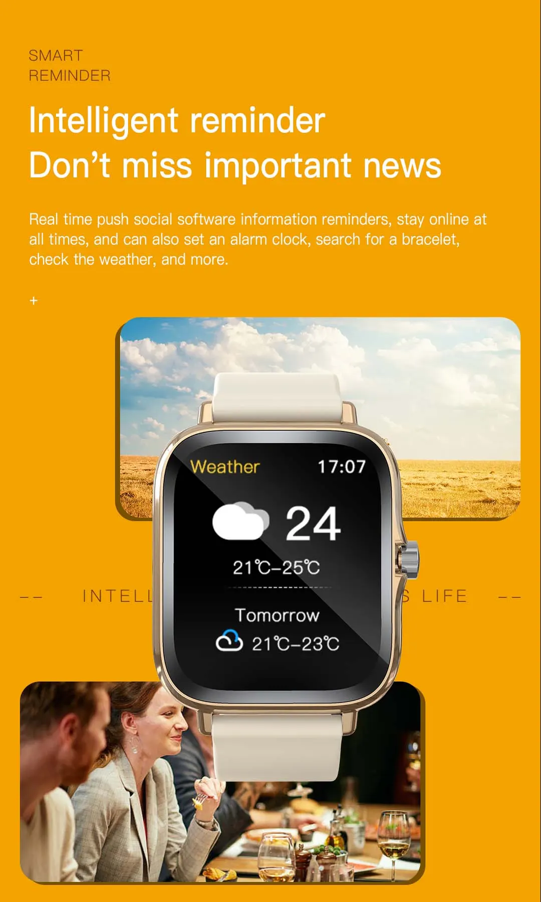 MYRYDER H13 smart-reminder infographic with on-watch weather at 24 °C, a 21–25 °C daily range and a tomorrow forecast