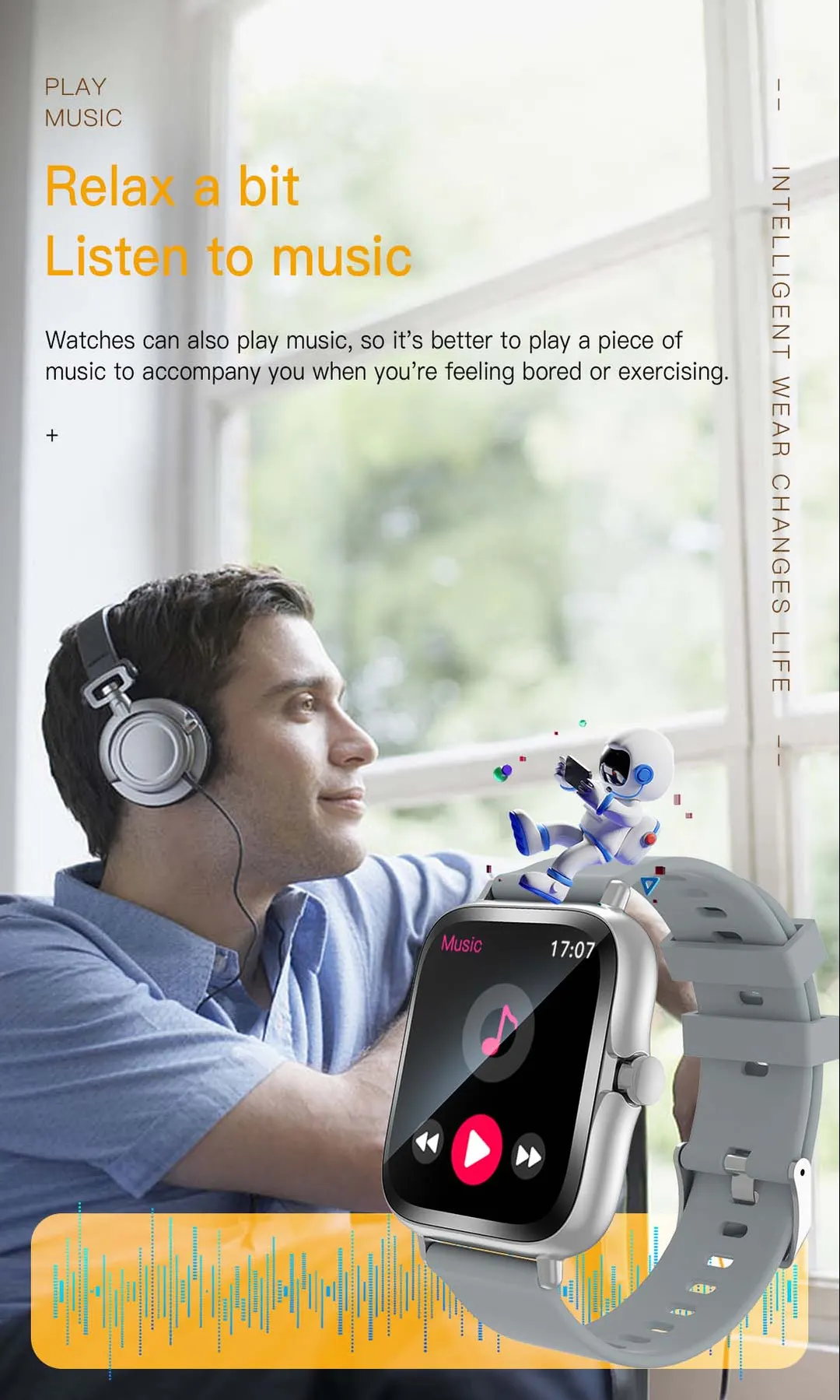 MYRYDER H13 infographic for on-watch music playback with play and skip controls