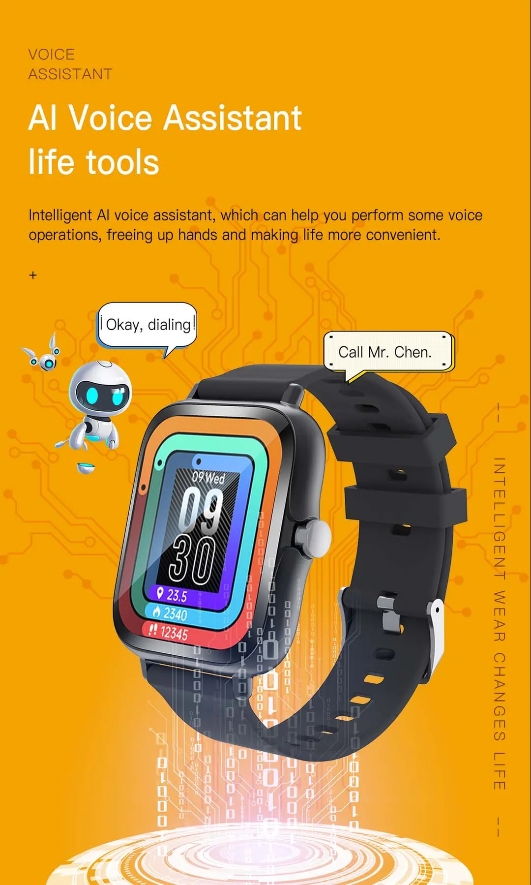 MYRYDER H13 infographic for the AI voice assistant, shown answering 'Call Mr. Chen' with 'Okay, dialing'