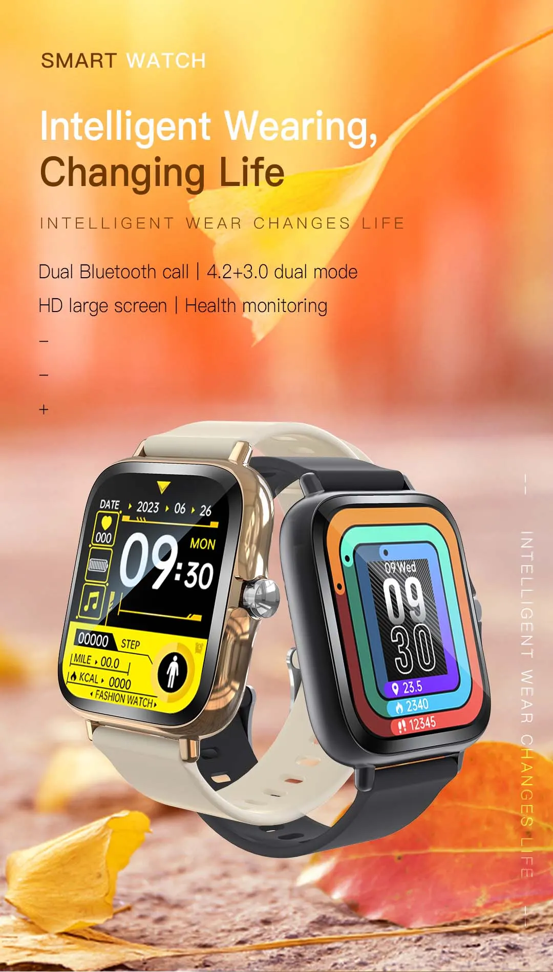 MYRYDER H13 smart watch overview banner for dual Bluetooth calling, 4.2+3.0 dual mode, HD large screen and health monitoring