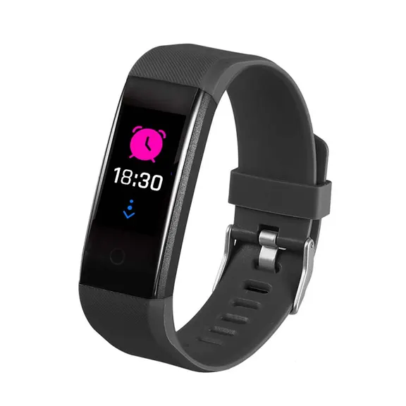 MYRYDER 115P black smart bracelet 45-degree right side view, black band colour option fitness tracker