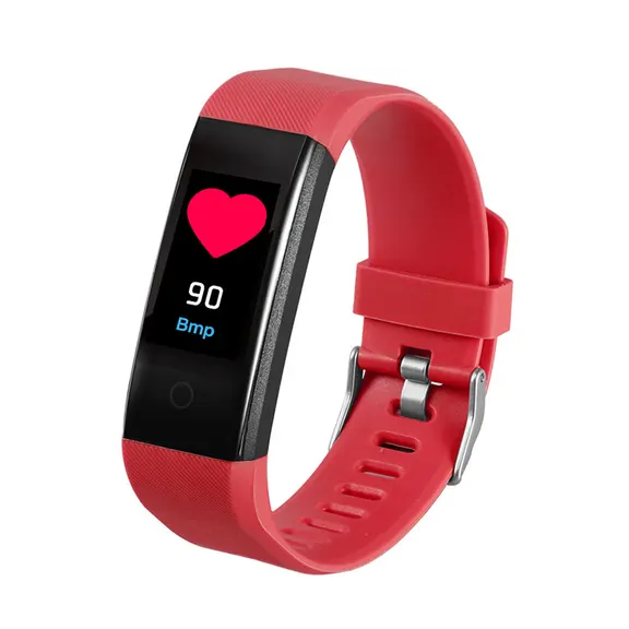 MYRYDER 115P red smart bracelet 45-degree right side view, red band colour option fitness activity tracker