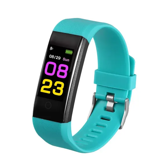 MYRYDER 115P sapphire blue smart bracelet 45-degree right side view, sapphire blue band colour option fitness tracker