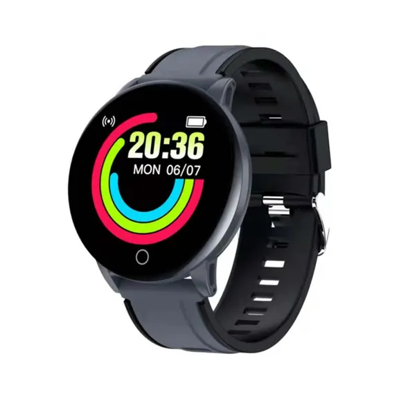 MYRYDER 119P smart watch black dial with black strap 45-degree right side view, all-black band colour option fitness activity tracker