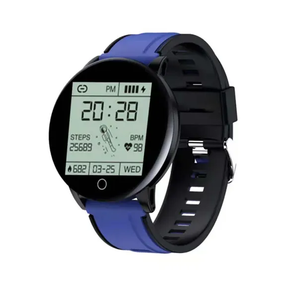 MYRYDER 119P smart watch black dial with blue strap 45-degree right side view, blue band colour option fitness activity tracker