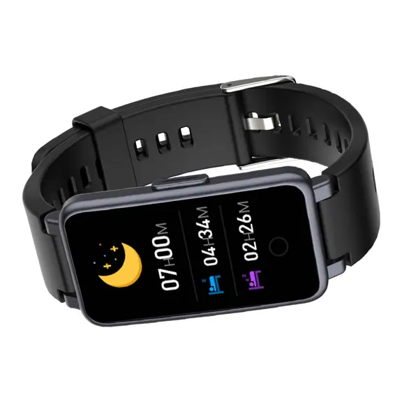 MYRYDER C2Plus black smart bracelet flat lay view, black color fitness band product display