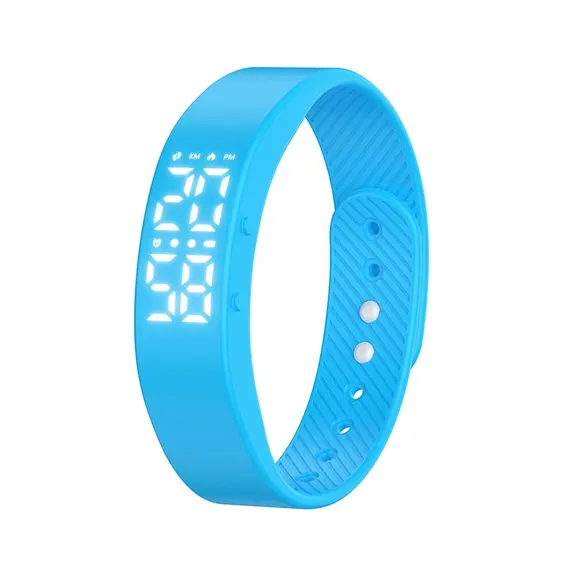 MYRYDER C3Plus fitness band sky blue colour option, blue silicone band with LED display showing time and steps