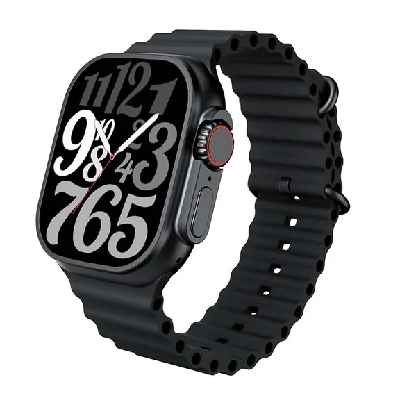 MYRYDER C900Ultra smart watch, black case with a red-ringed rotary crown and a side button, and a black liquid-silicone ocean band — three-quarter view with the oversized numeral watch face