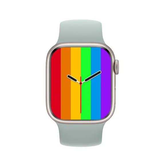 MYRYDER C900Pro smart watch, silver alloy case with a rotary crown and a side button, and a mint-grey silicone strap — front view with the rainbow stripe watch face