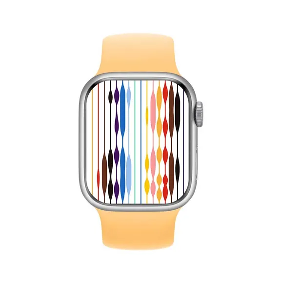 MYRYDER C900Pro smart watch, silver alloy case with a rotary crown and a side button, and an orange silicone strap — front view with the vertical colour-bar watch face