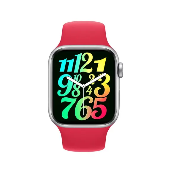 MYRYDER C900Pro smart watch, silver alloy case with a rotary crown and a side button, and a red silicone strap — three-quarter front view with the multicolour numeral watch face