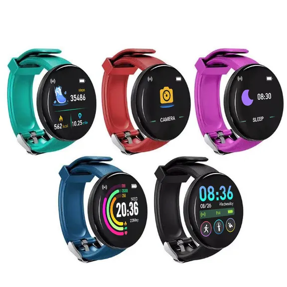 MYRYDER D18 smart bracelet colour collection, five silicone colourways — green, red, purple, blue and black — round glossy cases with colour-matched straps