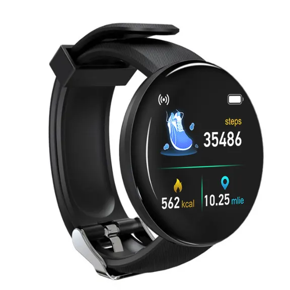 MYRYDER D18 smart bracelet black colourway, round black case with a slim glossy bezel and a black silicone strap — 45-degree view showing 35,486 steps