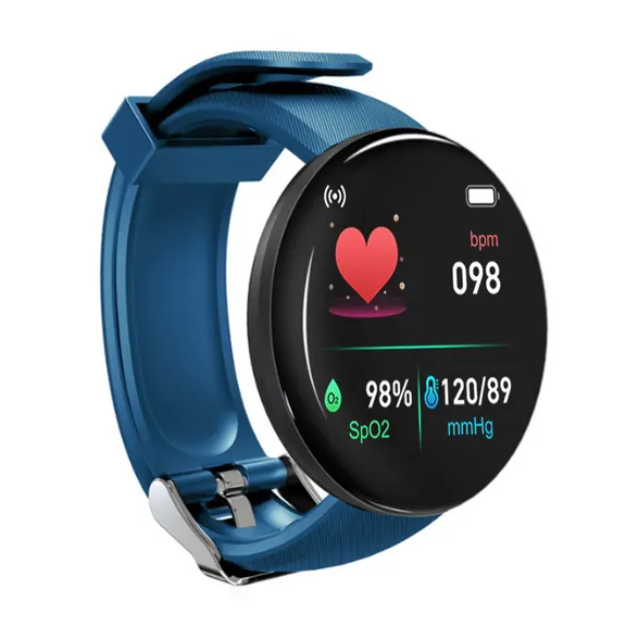 MYRYDER D18 smart bracelet blue colourway, round blue case with a slim glossy bezel and a blue silicone strap — 45-degree view showing 98 bpm heart rate