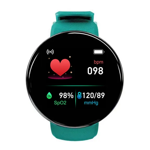 MYRYDER D18 smart bracelet green colourway, round green case with a slim glossy bezel and a green silicone strap — front view showing heart rate, SpO2 and blood pressure