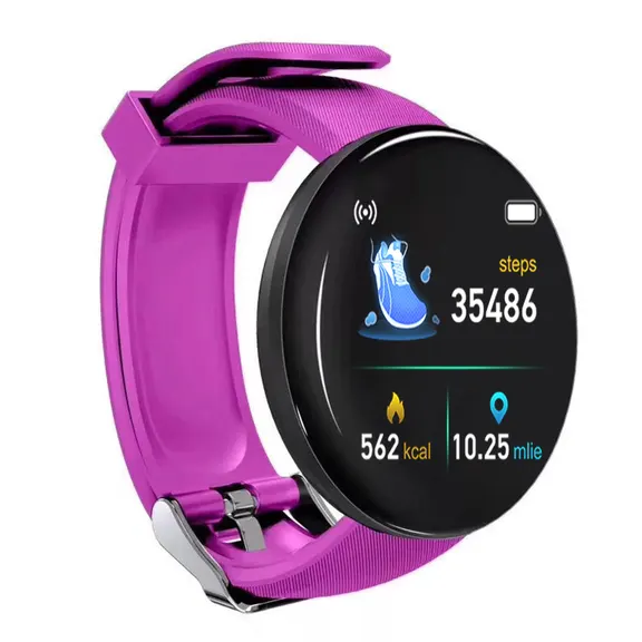 MYRYDER D18 smart bracelet purple colourway, round purple case with a slim glossy bezel and a purple silicone strap — 45-degree view with the step-tracking dial