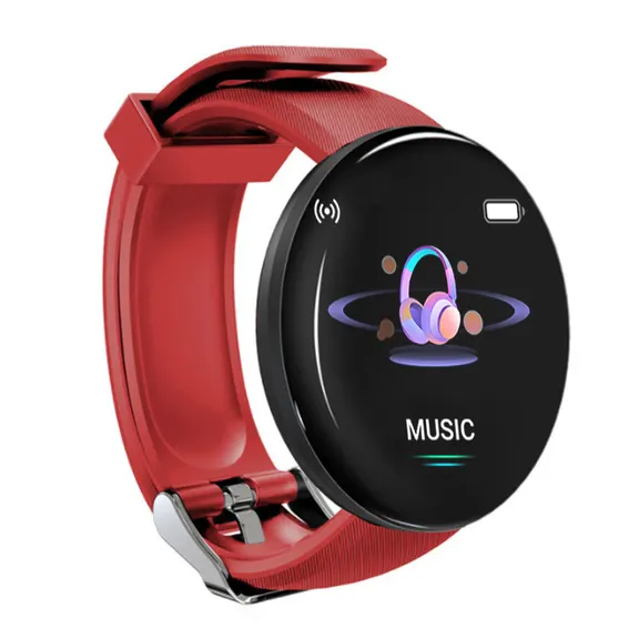 MYRYDER D18 smart bracelet red colourway, round red case with a slim glossy bezel and a red silicone strap — 45-degree view showing the MUSIC dial