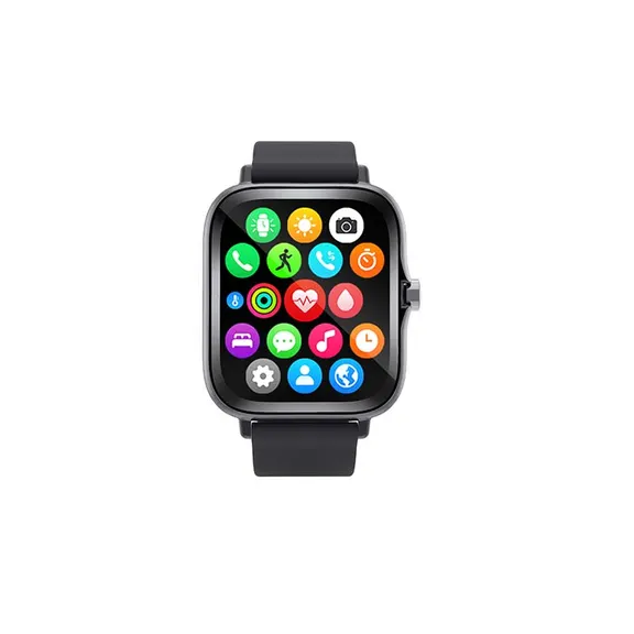 MYRYDER H13 smart watch black colourway, square black case with a rotating silver crown and a black silicone strap — front view of the app menu grid