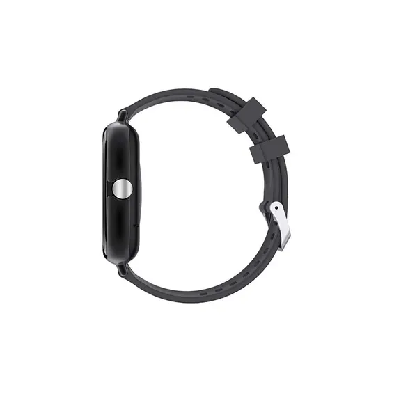 MYRYDER H13 smart watch black colourway, square black case with a rotating silver crown and a black silicone strap — side profile showing the crown and strap keepers