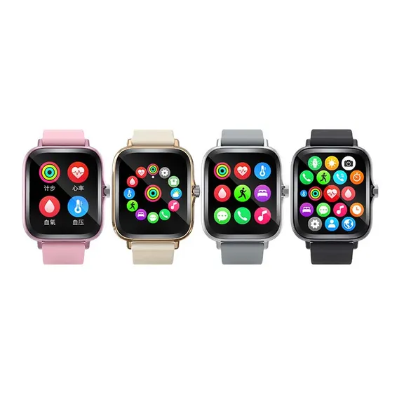 MYRYDER H13 smart watch colour collection, four colourways — pink, gold, silver and black — with square cases, colour-matched silicone straps and app-menu screens