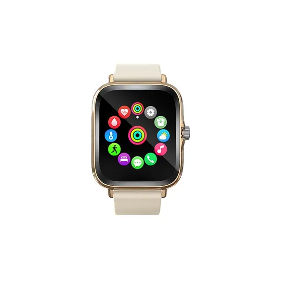 MYRYDER H13 smart watch gold colourway, square gold case with a rotating silver crown and a cream silicone strap — front view of the circular app menu