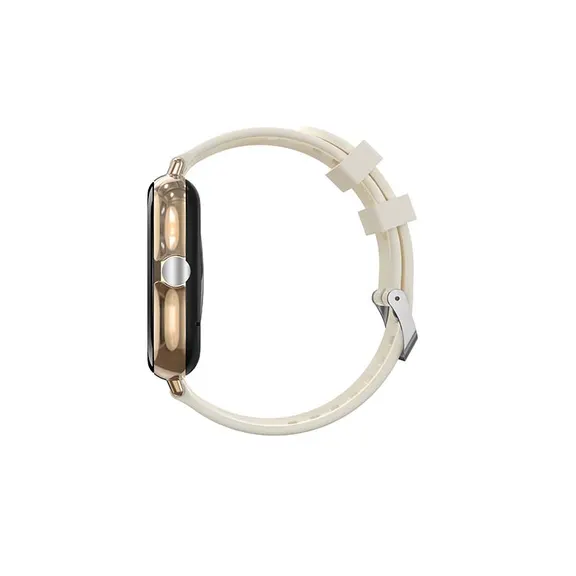 MYRYDER H13 smart watch gold colourway, square gold case with a rotating silver crown and a cream silicone strap — side profile showing the crown