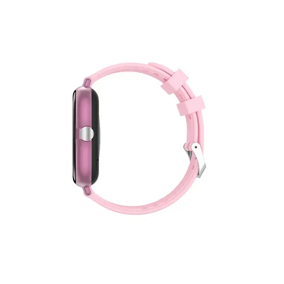 MYRYDER H13 smart watch pink colourway, square pink case with a rotating silver crown and a pink silicone strap — side profile showing the crown