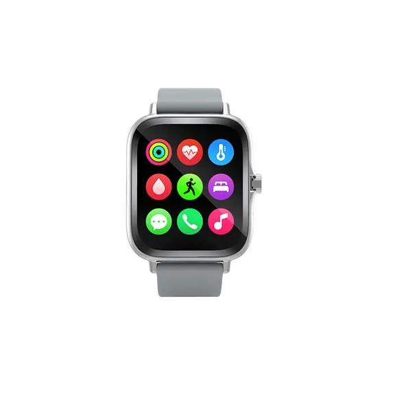 MYRYDER H13 smart watch silver colourway, square silver case with a rotating silver crown and a grey silicone strap — front view of the nine-icon app menu