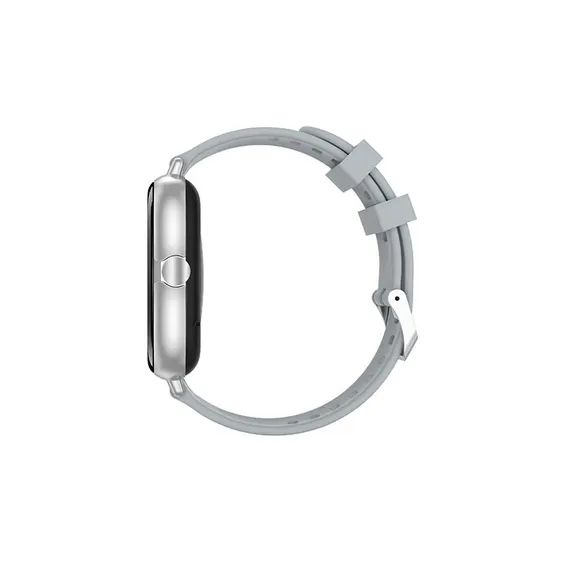 MYRYDER H13 smart watch silver colourway, square silver case with a rotating silver crown and a grey silicone strap — side profile showing the crown