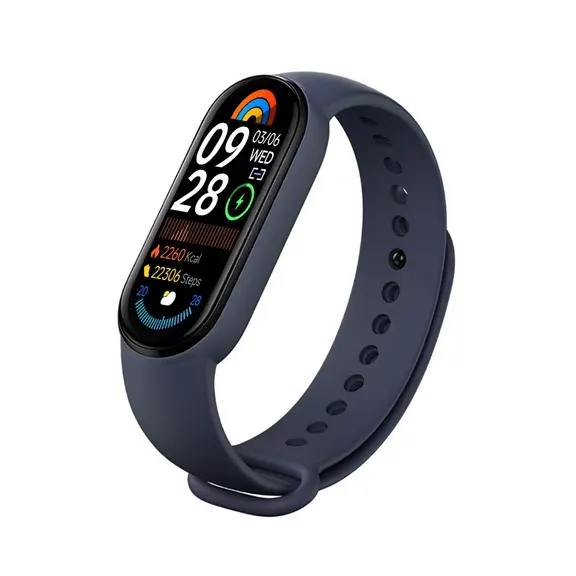 MYRYDER M9 fitness band dark-blue colourway, dark-blue silicone strap with a press-stud closure — three-quarter view showing the 09:28 stats dial