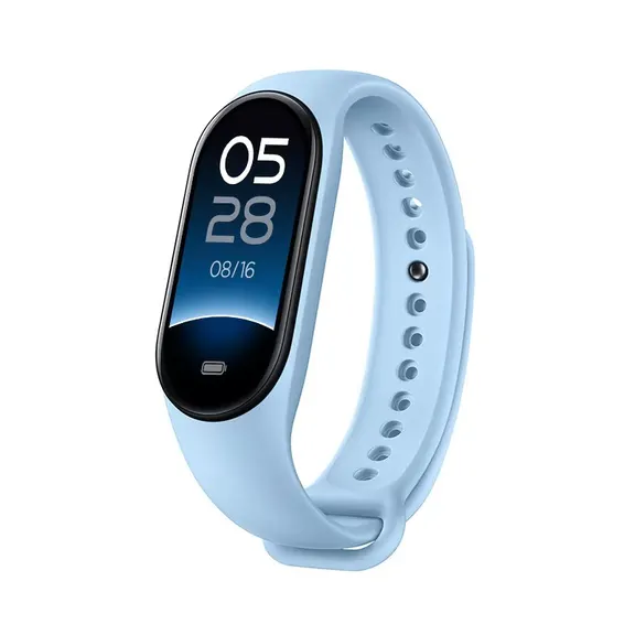 MYRYDER M9 fitness band light-blue colourway, light-blue silicone strap with a press-stud closure — three-quarter view showing the 05:28 time-and-date dial