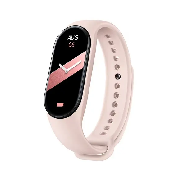 MYRYDER M9 fitness band pink colourway, pink silicone strap with a press-stud closure — three-quarter view showing the AUG 06 analog dial
