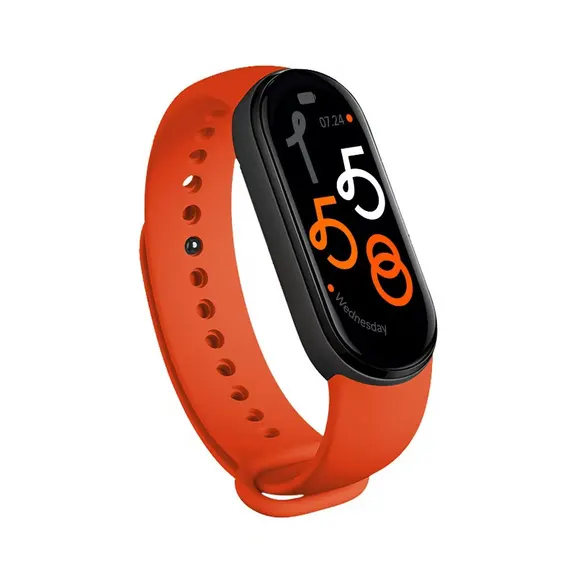 MYRYDER M9 fitness band red colourway, red silicone strap with a press-stud closure — three-quarter view showing the large-numeral Wednesday dial