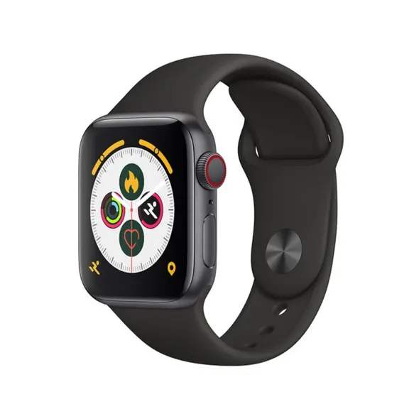 MYRYDER T500 smart watch black colourway, gloss-black case with a black silicone strap — three-quarter view showing the activity-rings watch face