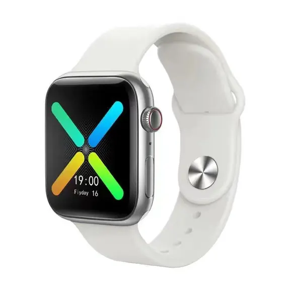 MYRYDER T500 smart watch silver colourway, silver case with a white silicone strap — three-quarter view showing the colourful X watch face