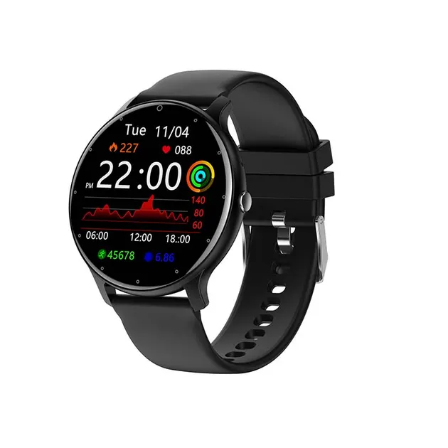 MYRYDER C14Pro smart watch black 45-degree right side view, slim round Bluetooth-calling watch with black silicone strap