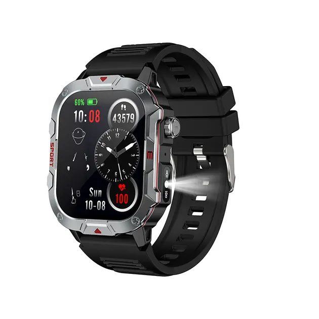 MYRYDER C40Pro smart watch, silver case with black silicone strap — three-quarter view with the LED flashlight lit and the 10:08 dashboard watch face