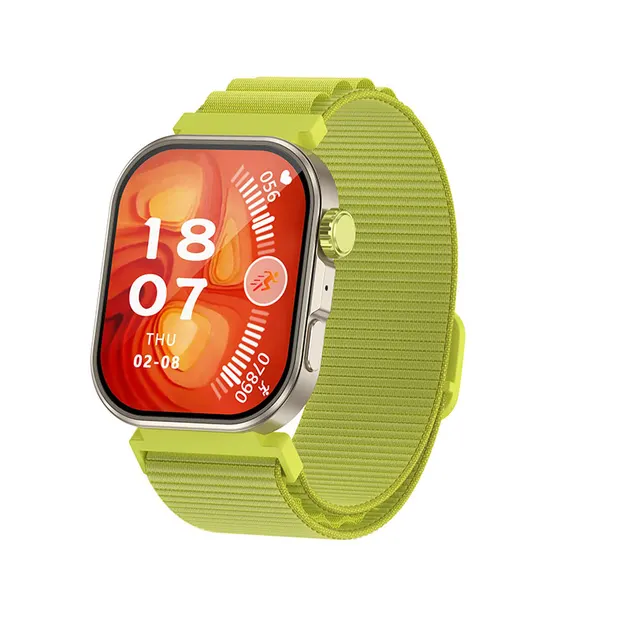 MYRYDER C48Pro smart watch, titanium case with a lime green crown and a lime green nylon strap — front view with the red animated watch face — the combination shown on the C48Pro banner