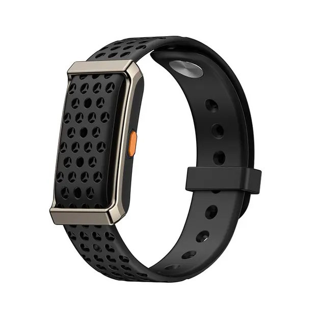 MYRYDER M11 screen-free fitness band, dark gunmetal alloy-framed case with an orange side button and a black perforated silicone strap — three-quarter hero view with the band looped