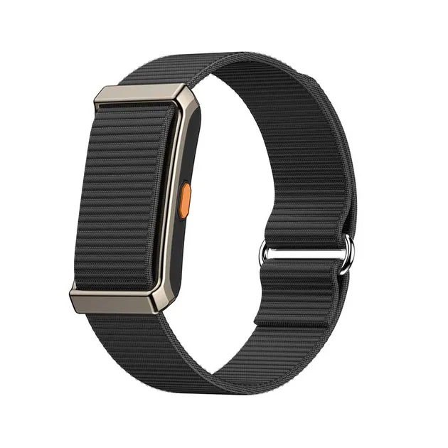 MYRYDER M12 screen-free fitness band, dark gunmetal alloy-framed case with an orange side button and a black woven nylon strap — three-quarter hero view with the band looped