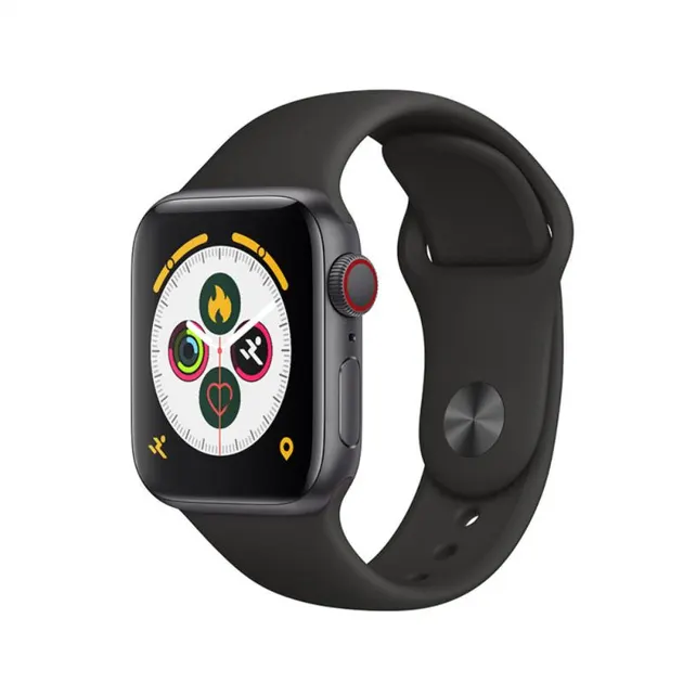 MYRYDER T500 smart watch, gloss-black square-face case with a red-ringed digital crown and a black silicone strap with a metal pin buckle — three-quarter view showing the activity-rings watch face