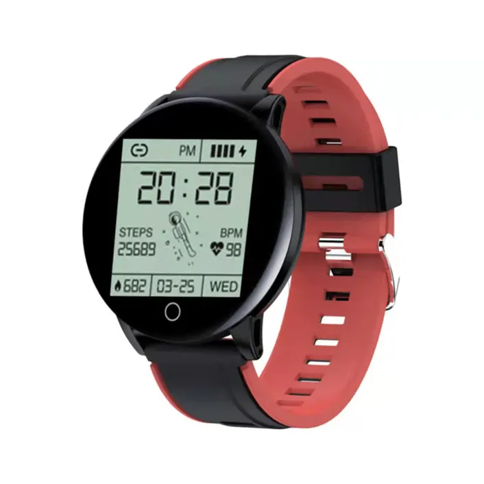 MYRYDER 119P smart watch black dial with black-red strap 45-degree right side view, round-dial fitness activity tracker wearable by Shenzhen MYRYDER Technology Co., Ltd.