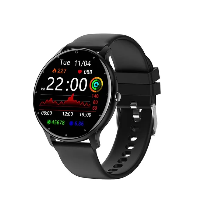 MYRYDER C14Pro smart watch black 45-degree right side view, slim round Bluetooth-calling watch with black silicone strap
