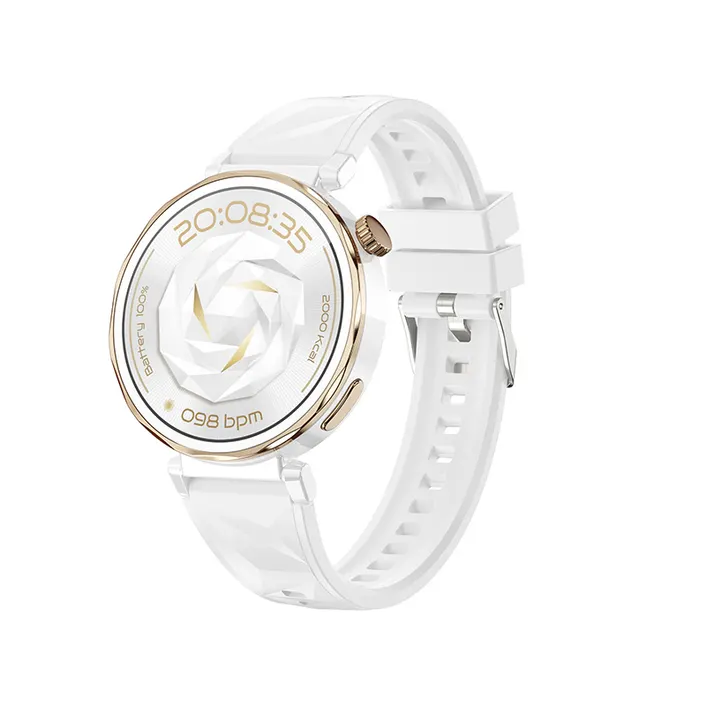 MYRYDER C15Mini smart watch white 45-degree right side view, compact round Bluetooth-calling watch with white silicone strap