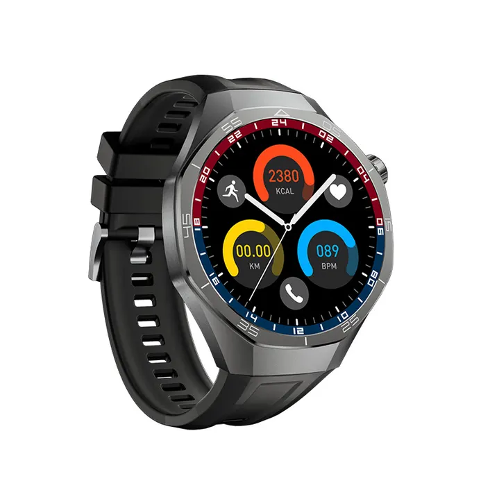 MYRYDER C15Pro smart watch black silicone 45-degree right side view, large round Bluetooth-calling watch with sport dashboard on screen