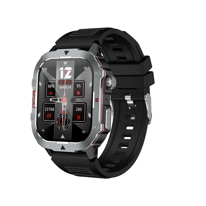 MYRYDER C30Pro smart watch, black case with black silicone strap — three-quarter view with the 12:35 dashboard watch face on a mountain backdrop