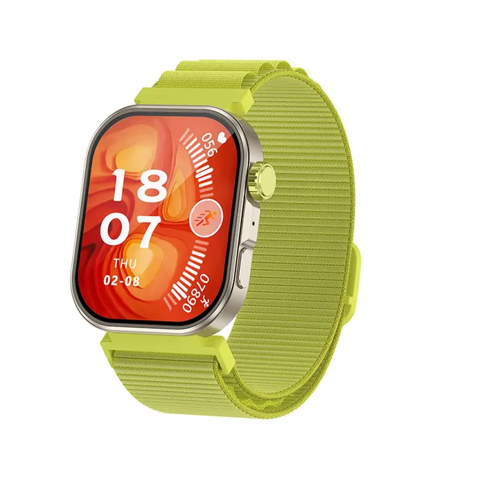 MYRYDER C48Pro smart watch, titanium case with a lime green crown and a lime green nylon strap — front view with the red animated watch face — the combination shown on the C48Pro banner